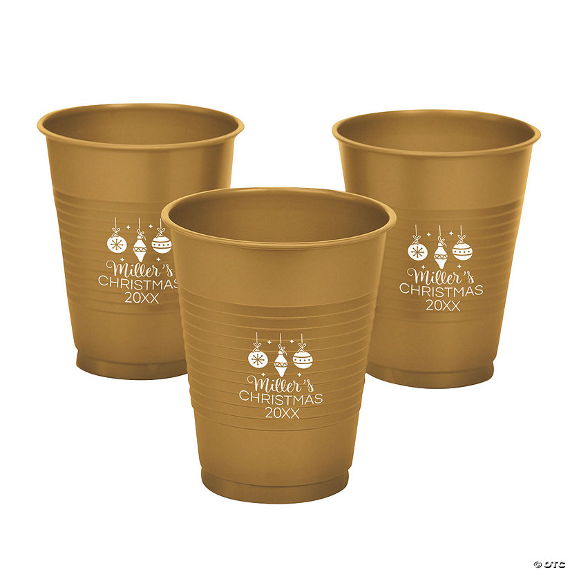 16 oz. Metallic Gold Personalized Christmas Ornaments Solid Color Disposable Plastic Cups - 40 Ct. Image Thumbnail