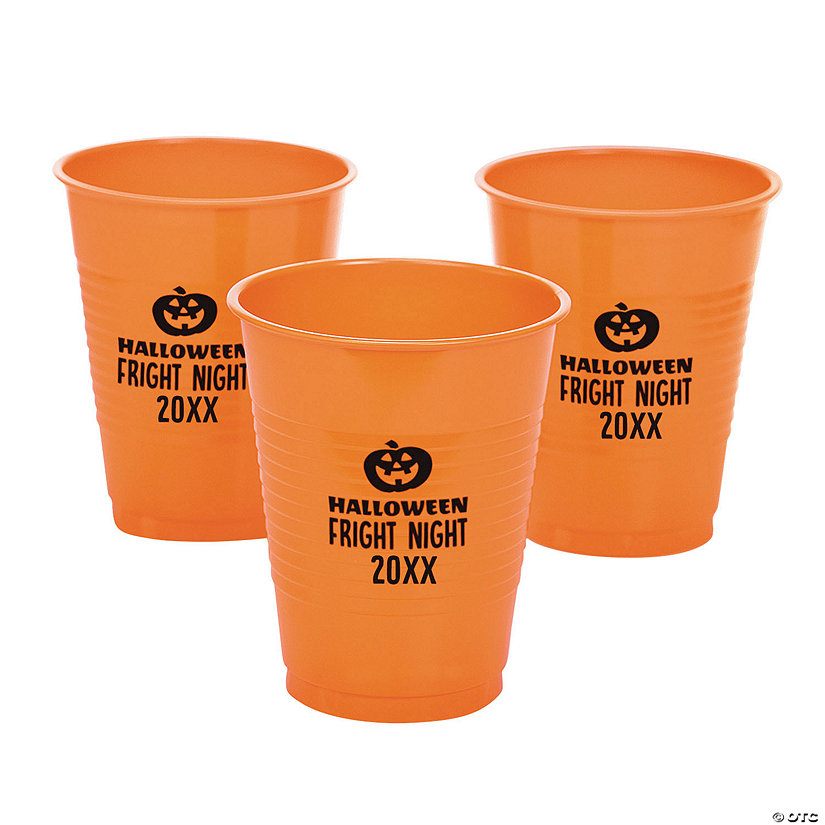 16 oz. Orange Personalized Halloween Jack-O'-Lantern Disposable Plastic Cups - 40 Ct. Image Thumbnail