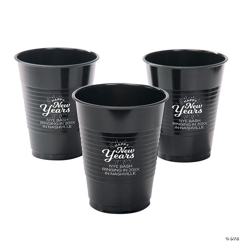16 oz. Personalized Black Happy New Years Disposable Plastic Cups - 40 Ct. Image
