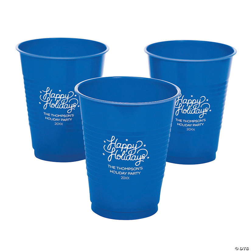16 oz. Personalized Blue Happy Holidays Disposable Plastic Cups - 40 Ct. Image