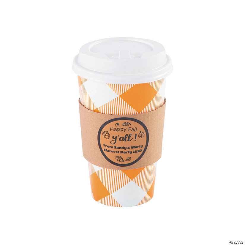 16 oz. Personalized Fall Orange Plaid Disposable Paper Coffee Cups with Personalized Labels - 24 Ct. Image