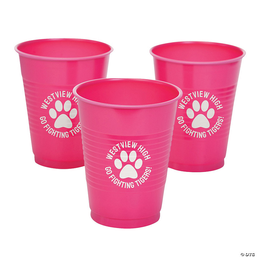16 oz. Personalized Paw Print Hot Pink Disposable Plastic Cups - 40 Ct. Image