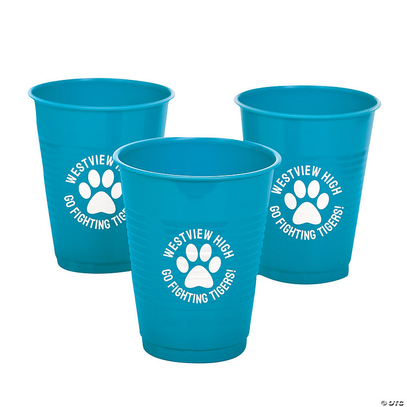 16 oz. Personalized Paw Print Turquoise Disposable Plastic Cups - 40 Ct. Image