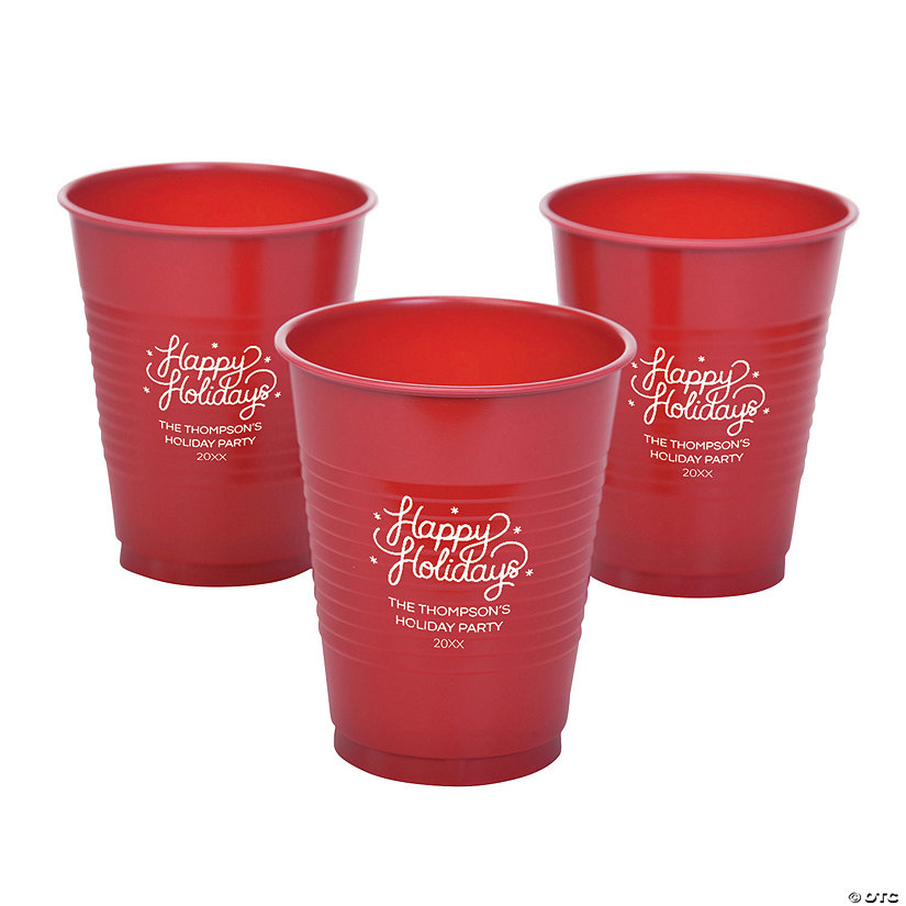 16 oz. Personalized Red Happy Holidays Disposable Plastic Cups - 40 Ct. Image