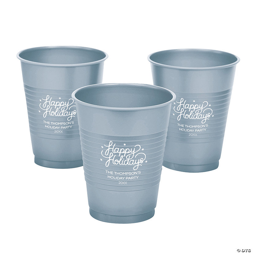 16 oz. Personalized Silver Happy Holidays Solid Color Disposable Plastic Cups - 40 Ct. Image Thumbnail