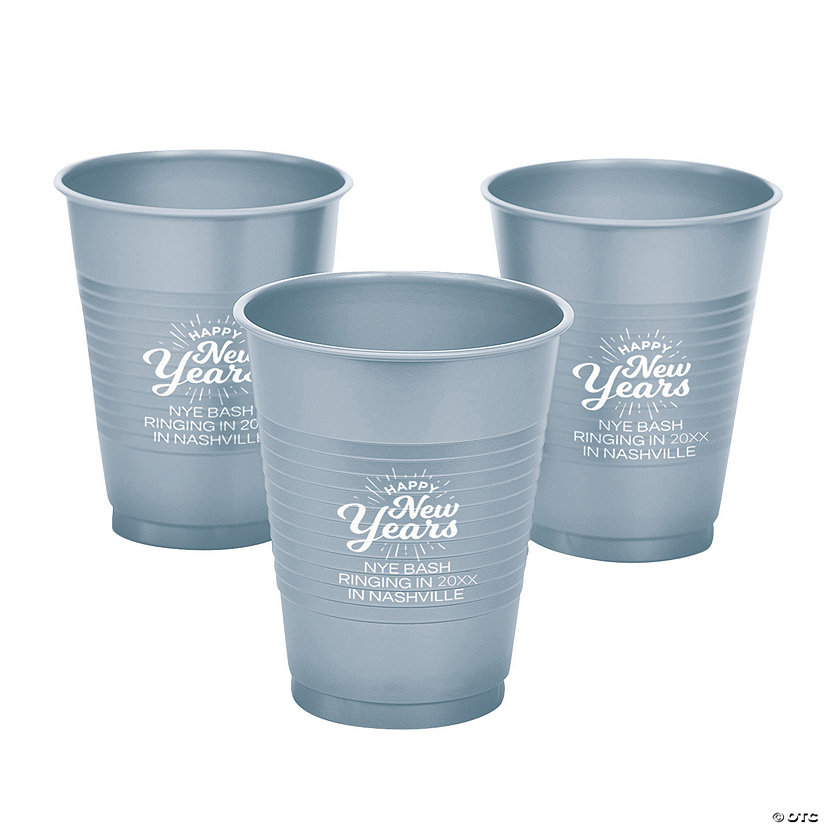 16 oz. Personalized Silver Happy New Years Solid Color Disposable Plastic Cups - 40 Ct. Image