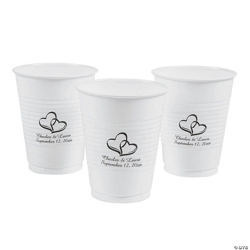 16 oz. Personalized Two Hearts with Name & Wedding Date Disposable Plastic Cups - 40 Ct. Image Thumbnail