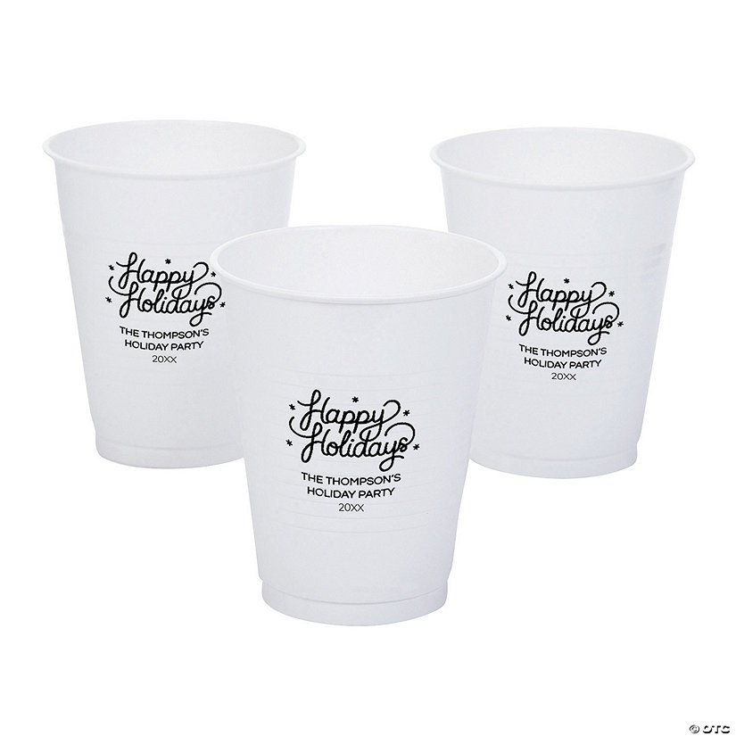 16 oz. Personalized White Happy Holidays Solid Color Disposable Plastic Cups - 40 Ct. Image Thumbnail