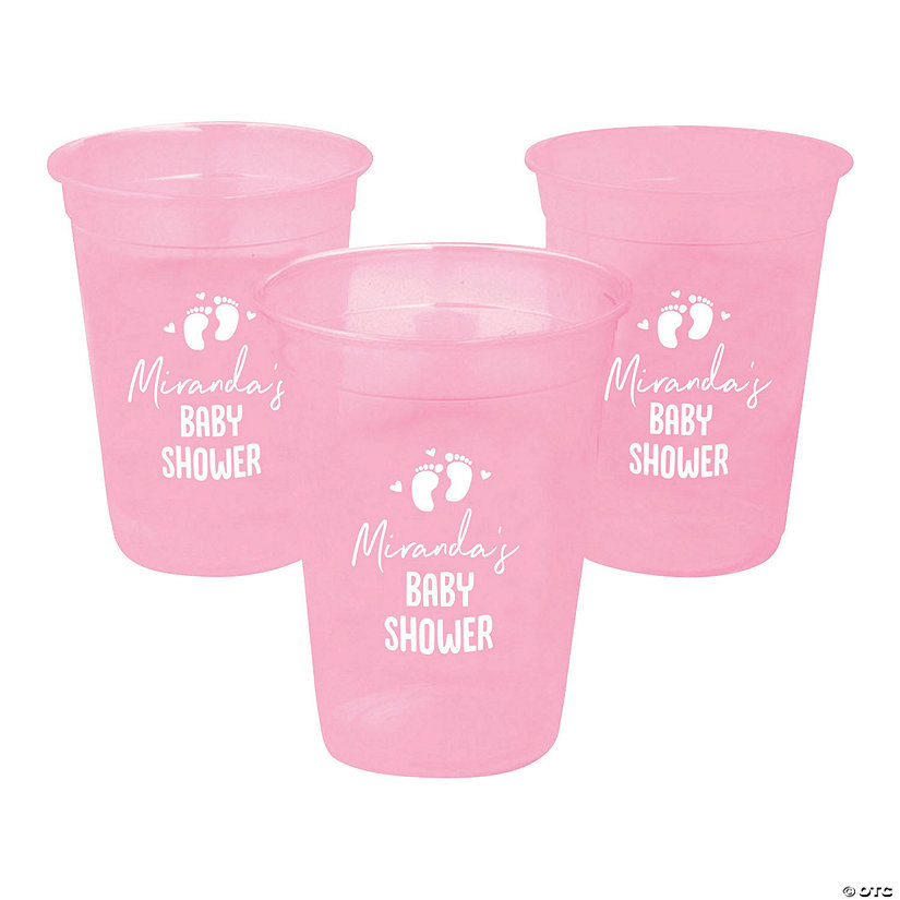 16 oz. Pink Personalized Baby Shower Footprints Disposable Plastic Cups - 40 Ct. Image