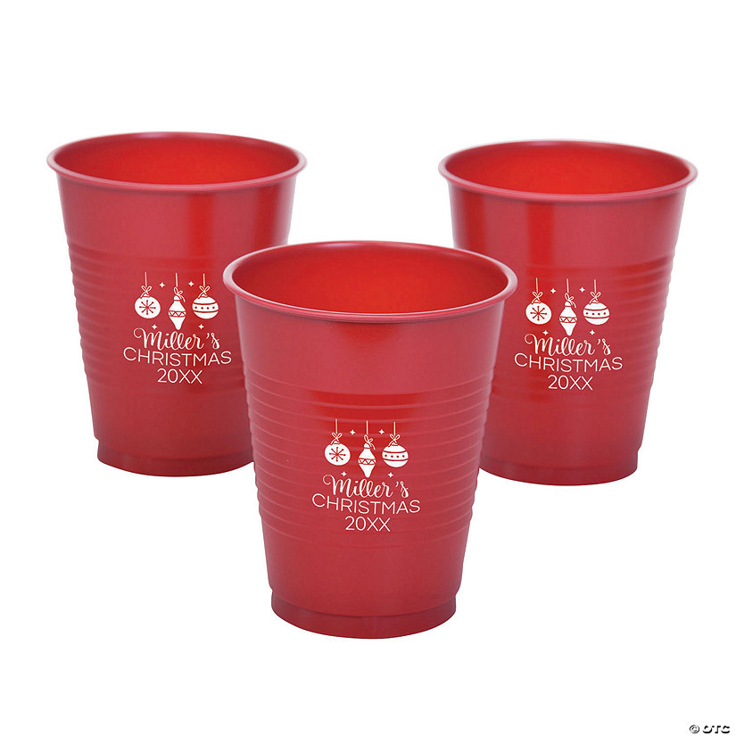 16 oz. Red Personalized Christmas Ornaments Disposable Plastic Cups - 40 Ct. Image Thumbnail