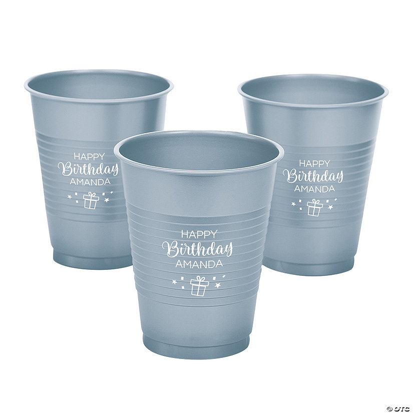 16 oz. Silver Personalized Birthday Party Solid Color Disposable Plastic Cups - 40 Ct. Image