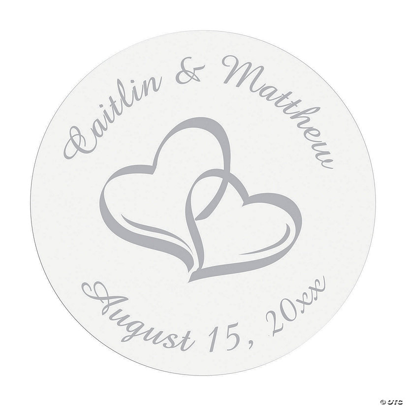 2" diam. Bulk 80 Pc. Personalized Silver Two Hearts Vinyl Favor Stickers Image Thumbnail