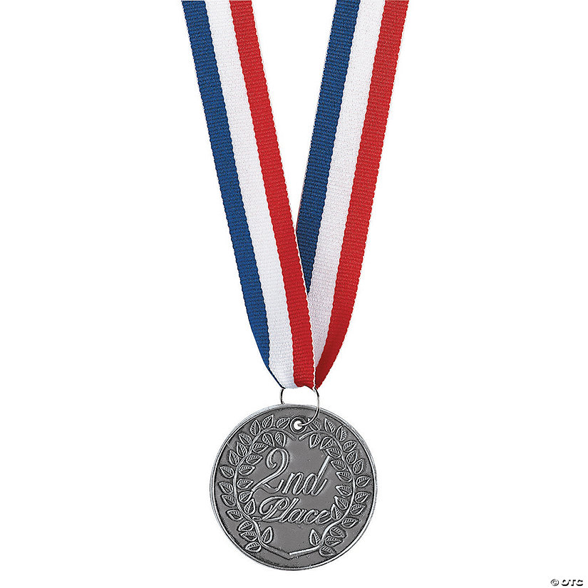 2" Personalized Silver 2nd Place Metal Medallion with Red, White & Blue Ribbon Image Thumbnail