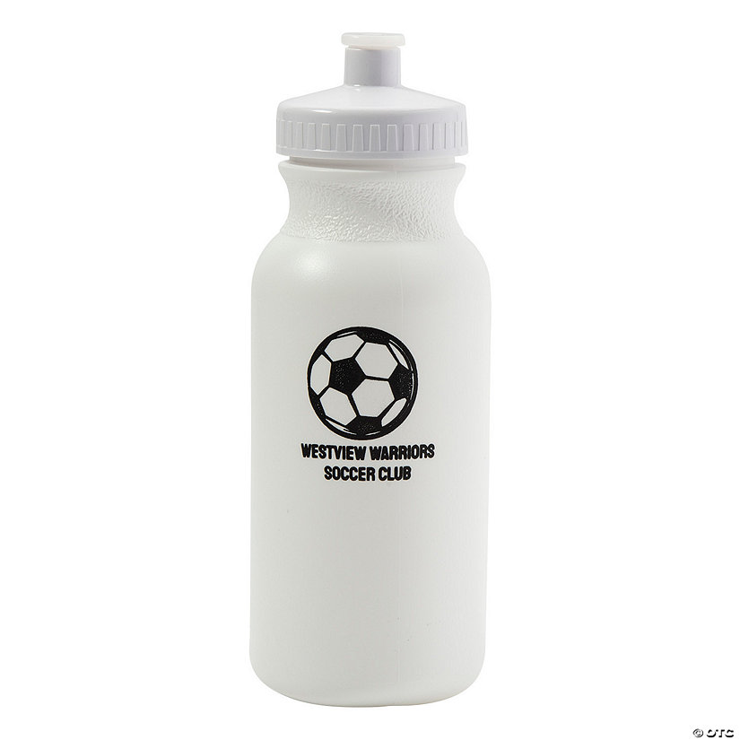 20 oz. Bulk 50 Ct. Personalized Soccer White Plastic Water Bottles Image Thumbnail