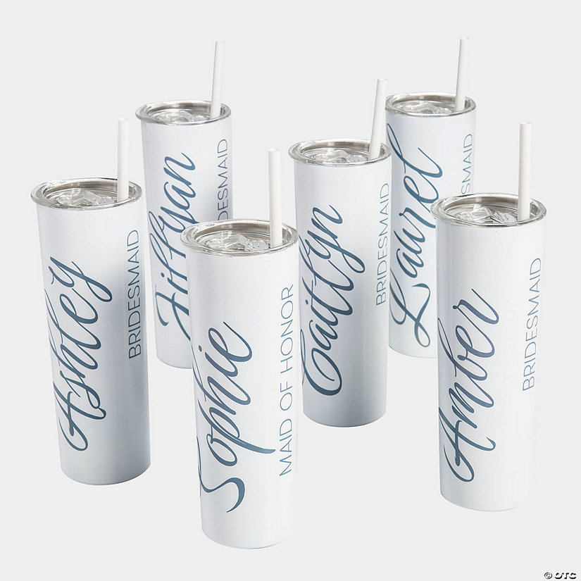 20 oz. Personalized Bridal Party Reusable Stainless Steel Tumblers with Lids & Straws - 6 Ct. Image Thumbnail