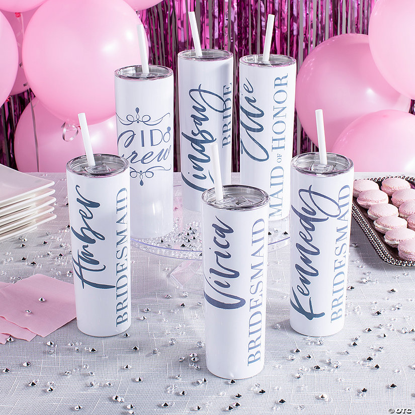 20 oz. Personalized I Do Crew Reusable Stainless-Steel Tumblers with Lids & Straws - 6 Ct. Image