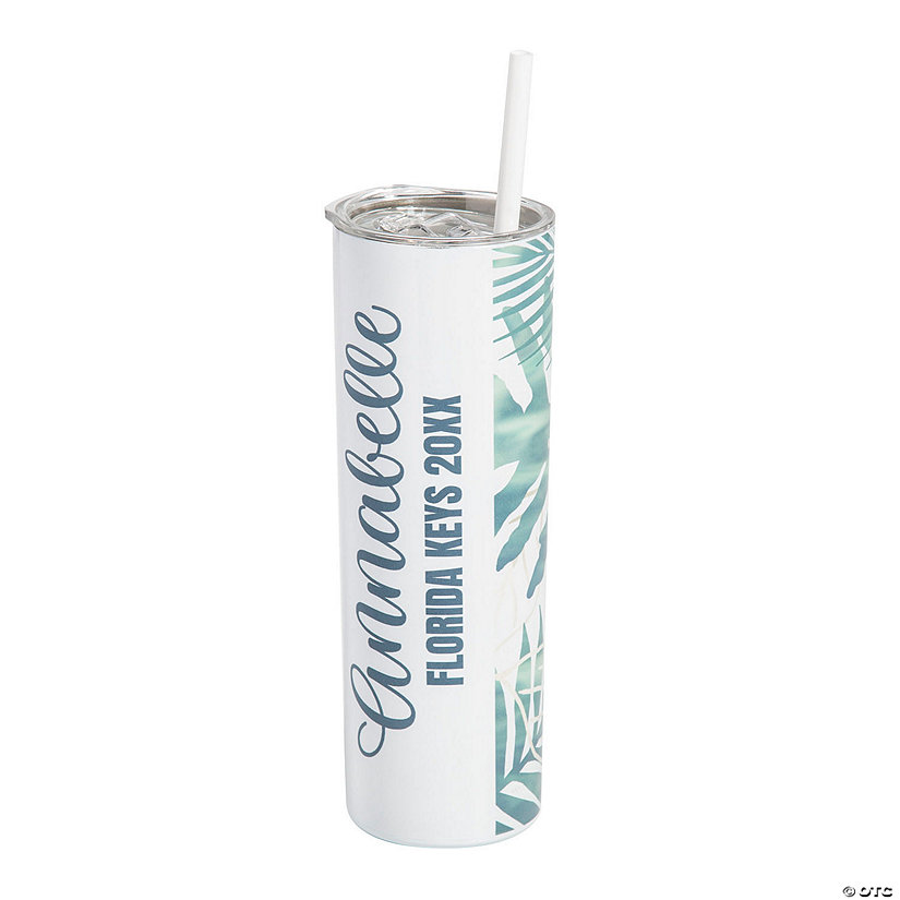 20 oz. Personalized Tropical Palm Leaf Reusable Stainless Steel Tumbler with Lid & Straw Image