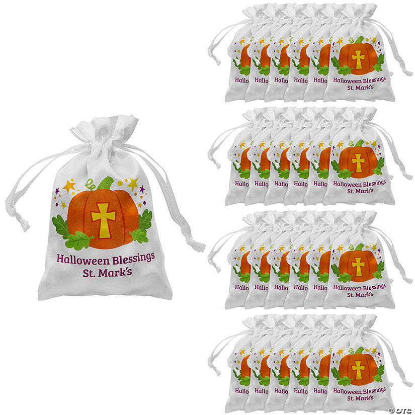 4" x 6" Personalized Mini Halloween Christian Pumpkin Satin Drawstring Bags - 24 Pc. Image Thumbnail