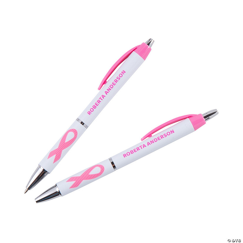 5 1/2" Bulk 48 Pc. Personalized Pink Ribbon Plastic Click Pens Image