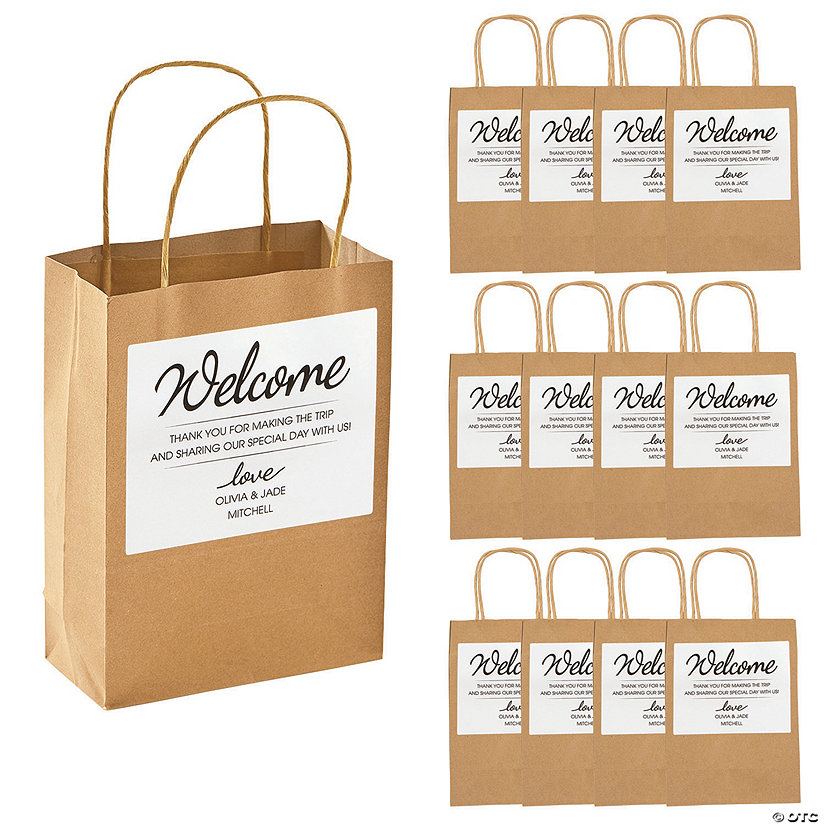 5" x 10" Medium Hotel Welcome Kraft Paper Gift Bags with Personalized Favor Stickers - 12 Pc. Image Thumbnail