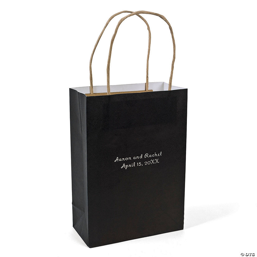 6 1/2" x 3" x 9" Medium Personalized Black Kraft Paper Gift Bags with Silver Foil - 12 Pc. Image