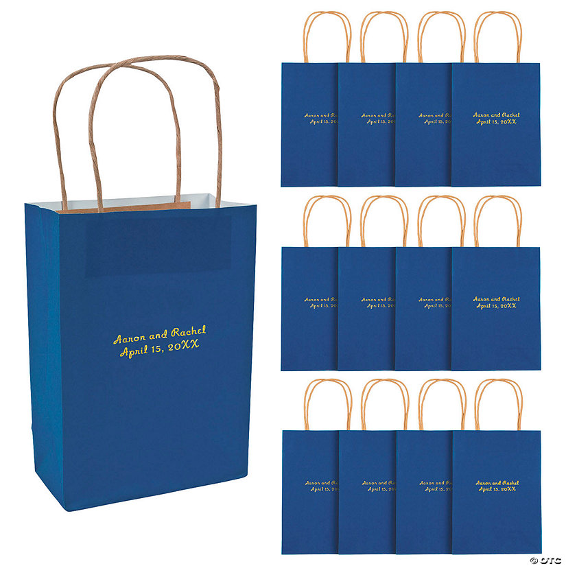 6 1/2" x 9" Blue Medium Personalized Kraft Paper Gift Bags with Gold Foil - 12 Pc. Image