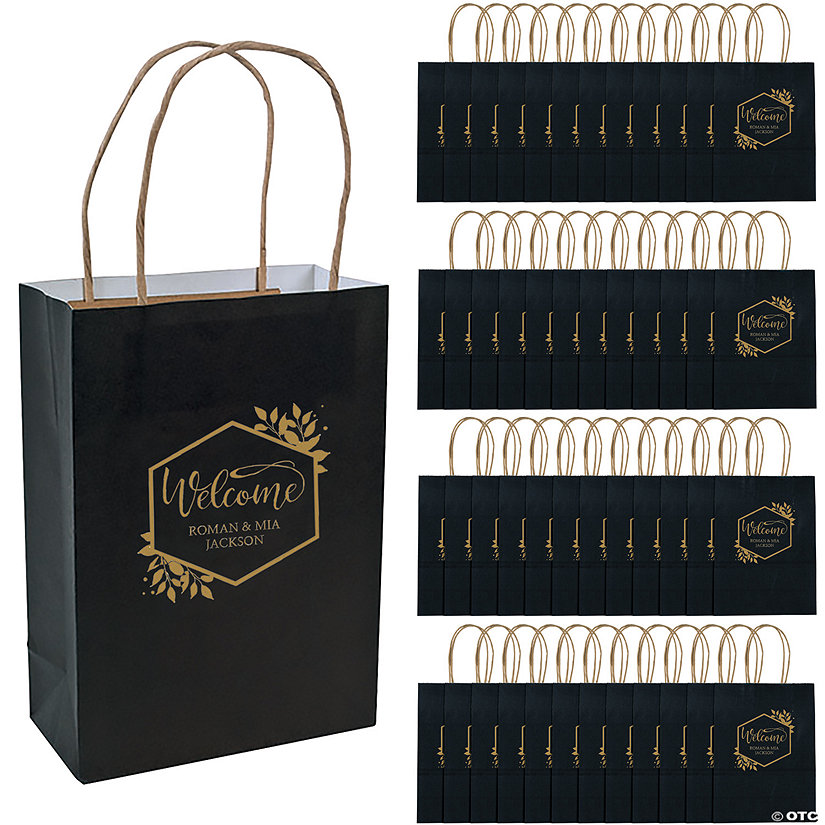6 1/2" x 9" Bulk 72 Pc. Medium Black Personalized Welcome Kraft Paper Gift Bags Image Thumbnail