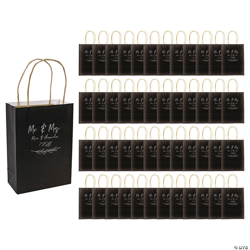 6 1/2" x 9" Bulk 72 Pc. Personalized Medium Black Mr. & Mrs. Kraft Paper Gift Bags Image Thumbnail