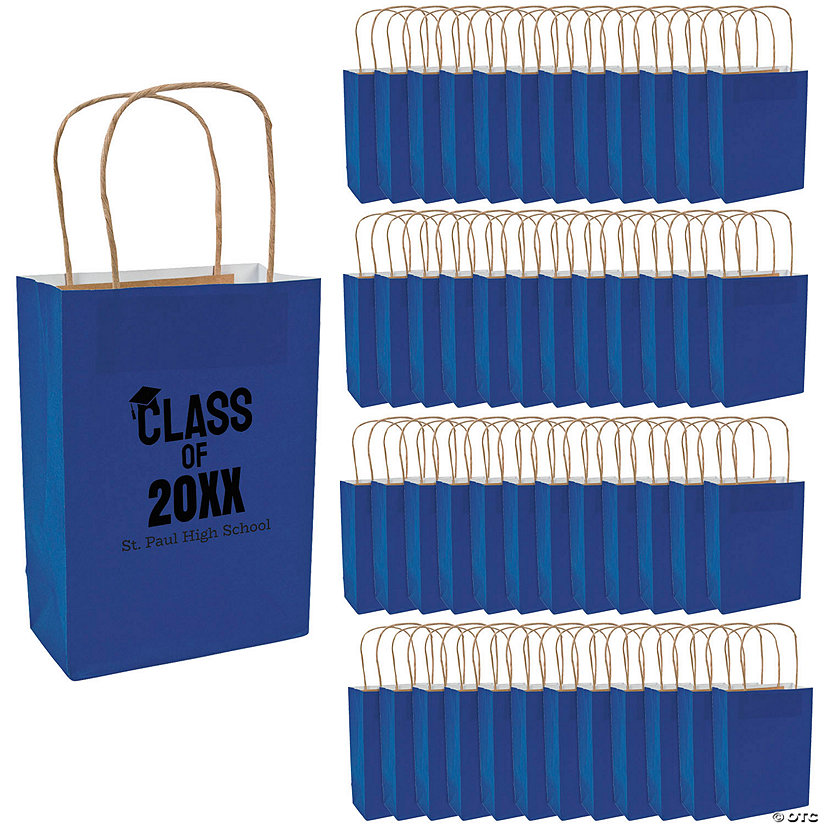 6 1/2" x 9" Bulk 72 Pc. Personalized Medium Blue Graduation Class of Kraft Paper Gift Bags Image Thumbnail