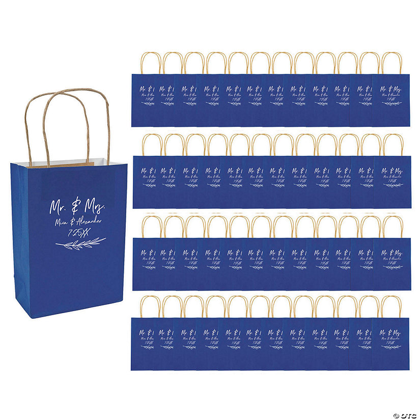 6 1/2" x 9" Bulk 72 Pc. Personalized Medium Blue Mr. & Mrs. Kraft Paper Gift Bags Image Thumbnail