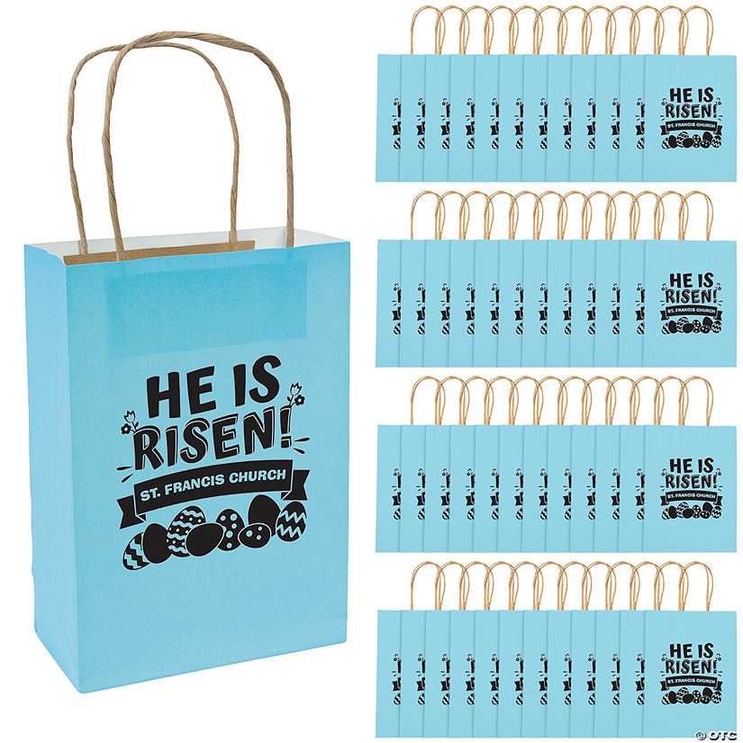 6 1/2" x 9" Bulk 72 Pc. Personalized Medium Light Blue Religious Egg Hunt Kraft Paper Bags Image