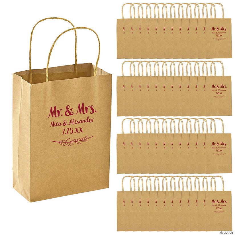 6 1/2" x 9" Bulk 72 Pc. Personalized Medium Natural Mr. & Mrs. Kraft Paper Gift Bags Image
