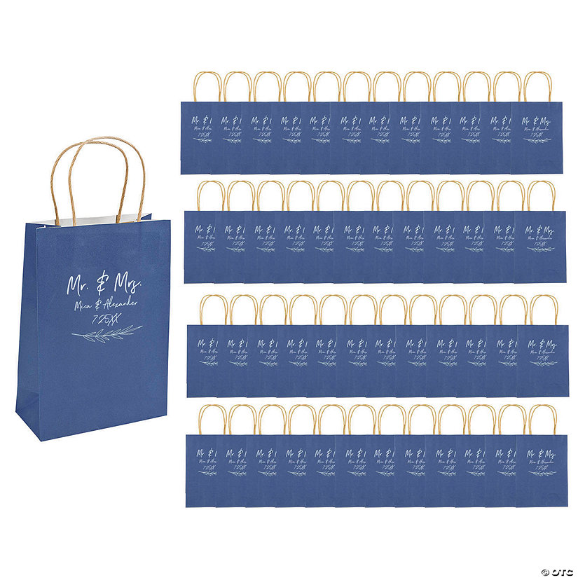 6 1/2" x 9" Bulk 72 Pc. Personalized Medium Navy Blue Mr. & Mrs. Kraft Paper Gift Bags Image