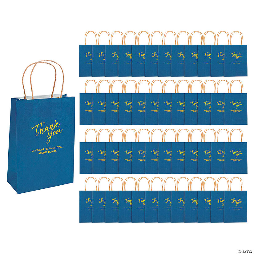 6 1/2" x 9" Bulk 72 Pc. Personalized Medium Navy Blue Thank You Kraft Paper Gift Bags Image