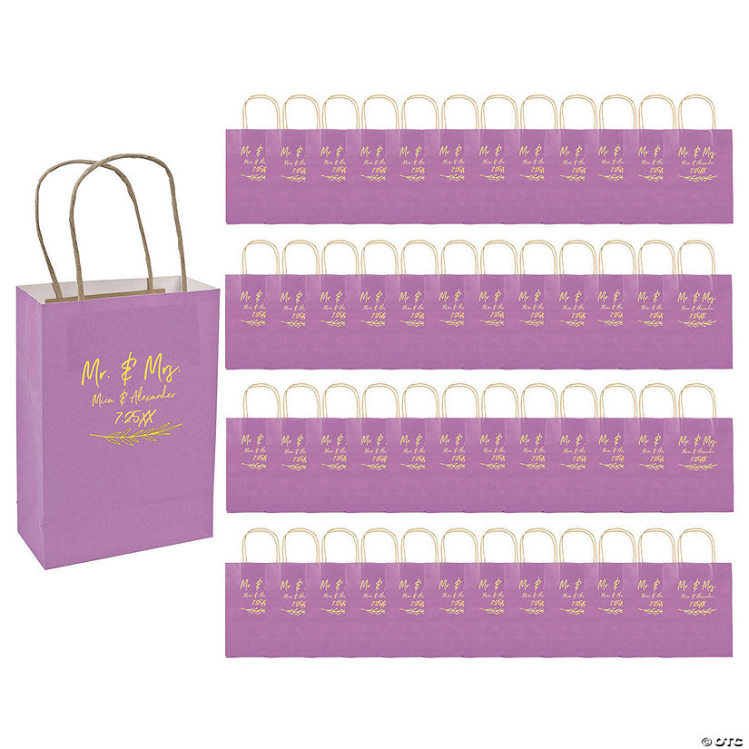 6 1/2" x 9" Bulk 72 Pc. Personalized Medium Purple Mr. & Mrs. Kraft Paper Gift Bags Image