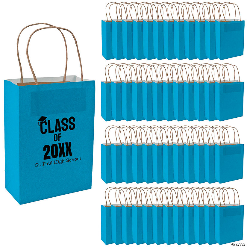6 1/2" x 9" Bulk 72 Pc. Personalized Medium Turquoise Graduation Class of Kraft Paper Gift Bags Image Thumbnail