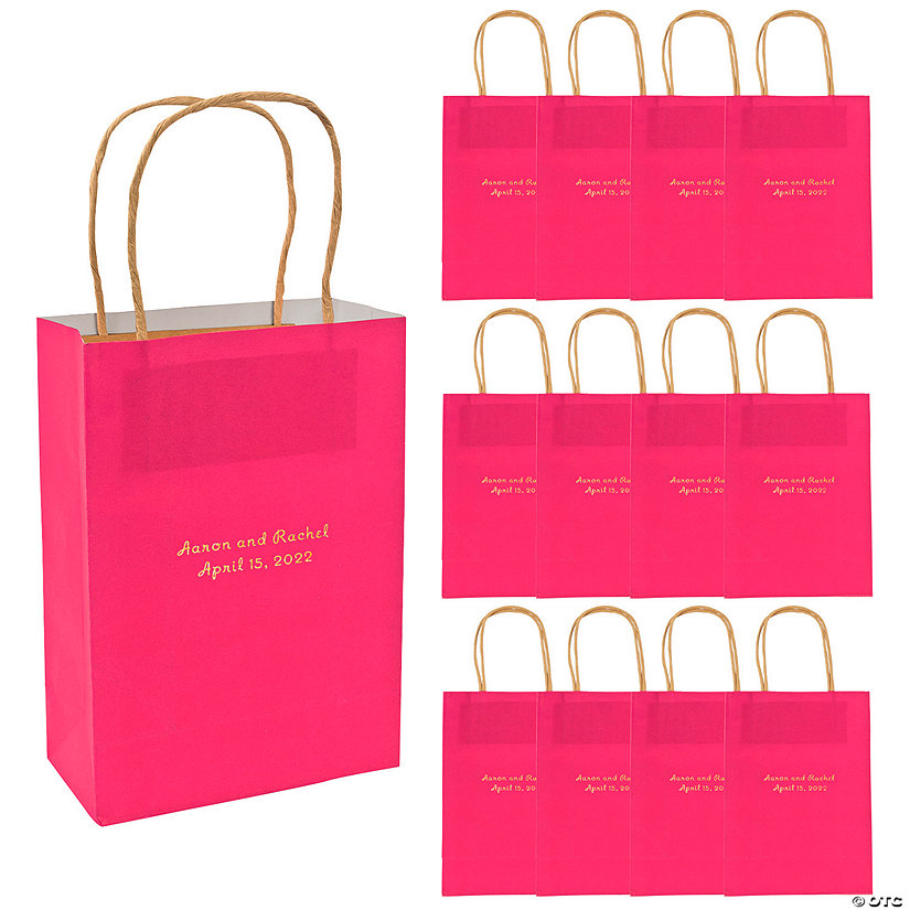 6 1/2" x 9" Hot Pink Medium Personalized Kraft Paper Gift Bags with Gold Foil - 12 Pc. Image Thumbnail