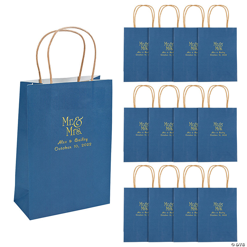 6 1/2" x 9" Medium Personalized Mr. & Mrs. Navy Blue Kraft Paper Gift Bags with Gold Foil - 12 Pc. Image Thumbnail