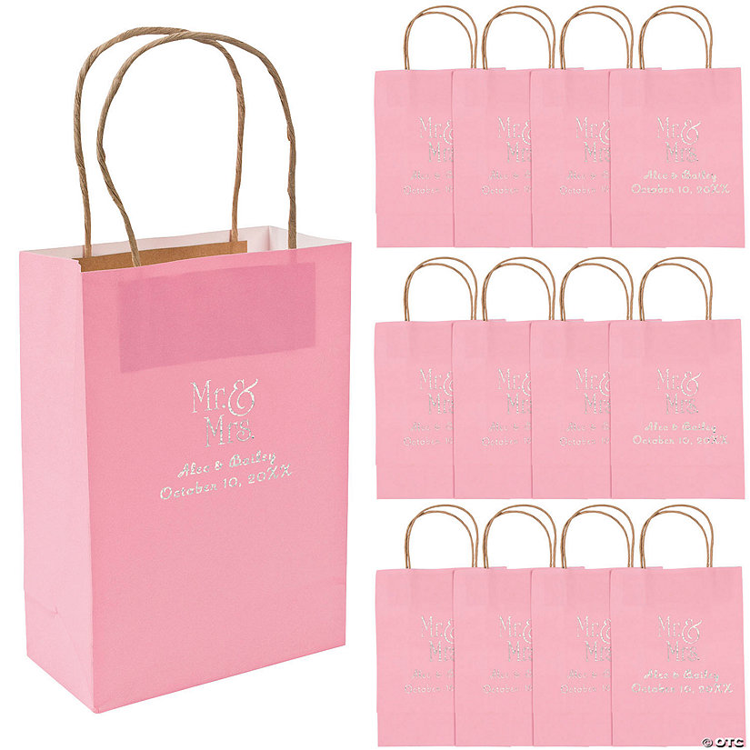 6 1/2" x 9" Medium Personalized Mr. & Mrs. Pink Kraft Paper Gift Bags with Silver Foil - 12 Pc. Image Thumbnail