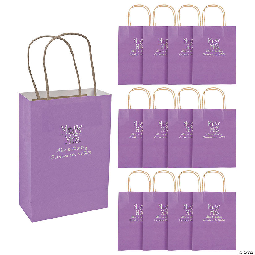 6 1/2" x 9" Medium Personalized Mr. & Mrs. Purple Kraft Paper Gift Bags with Silver Foil - 12 Pc. Image Thumbnail