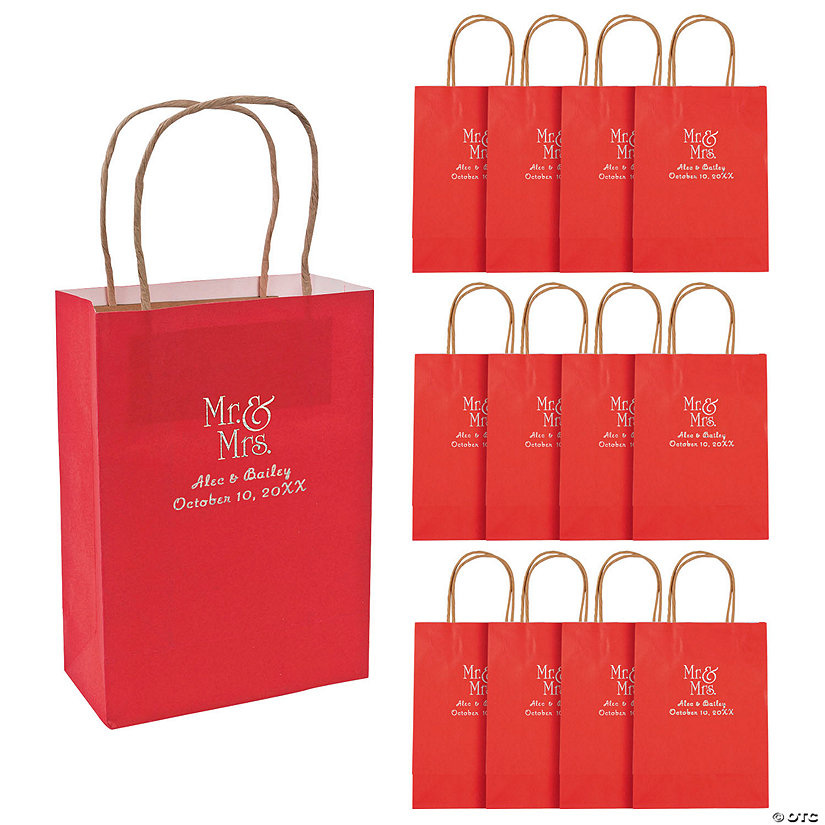 6 1/2" x 9" Medium Personalized Mr. & Mrs. Red Kraft Paper Gift Bags with Silver Foil - 12 Pc. Image Thumbnail