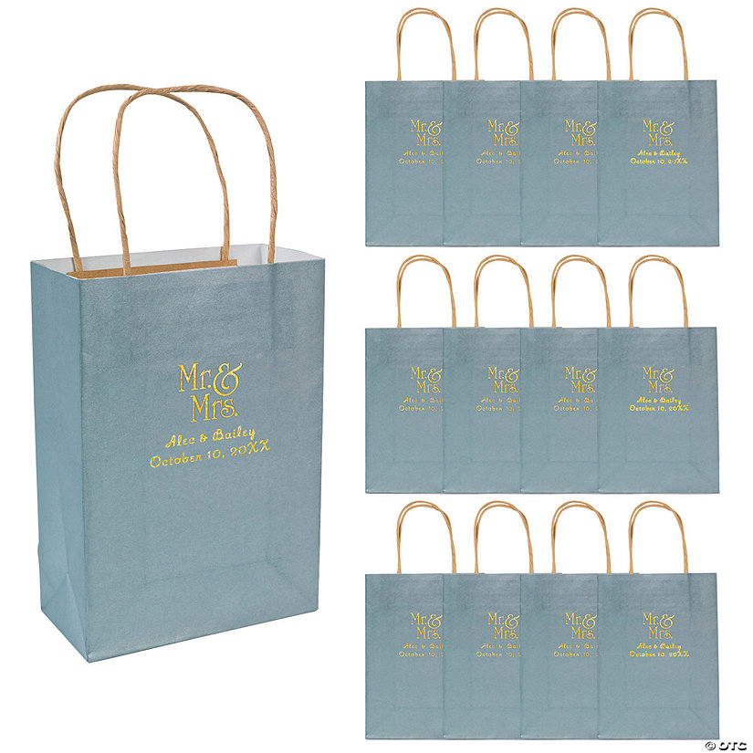 6 1/2" x 9" Medium Personalized Mr. & Mrs. Silver Kraft Paper Gift Bags with Gold Foil - 12 Pc. Image
