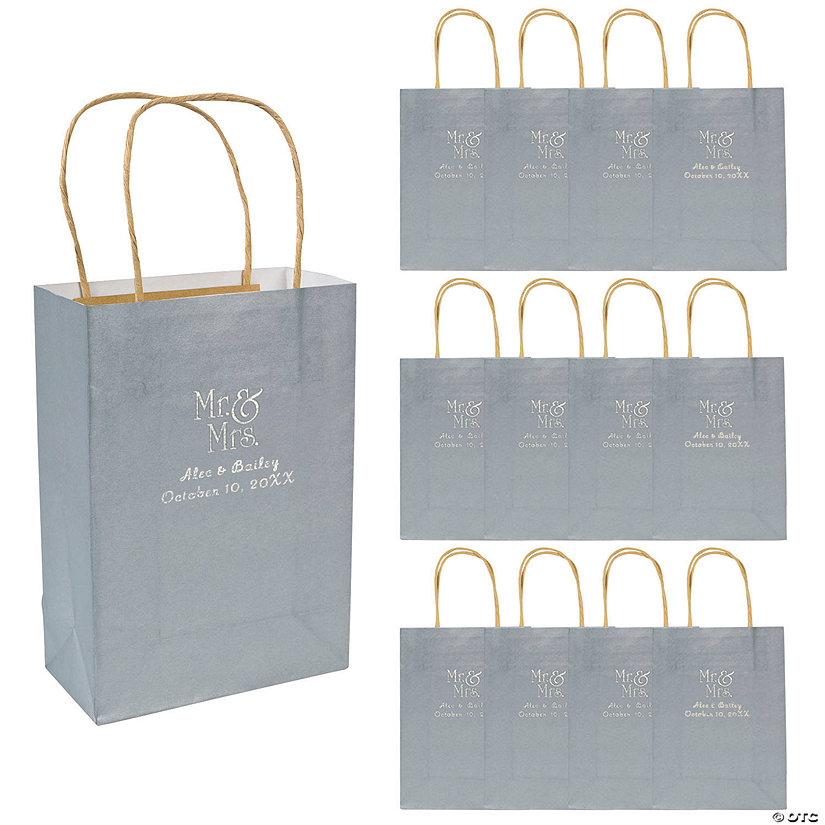 6 1/2" x 9" Medium Personalized Mr. & Mrs. Silver Kraft Paper Gift Bags with Silver Foil - 12 Pc. Image