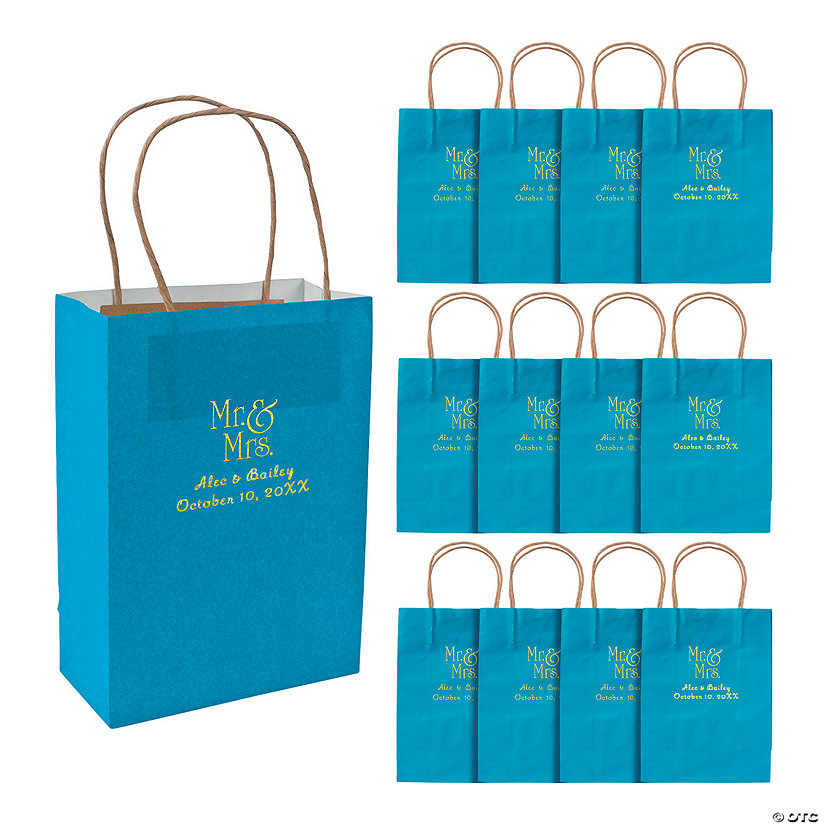 6 1/2" x 9" Medium Personalized Mr. & Mrs. Turquoise Kraft Paper Gift Bags with Gold Foil - 12 Pc. Image