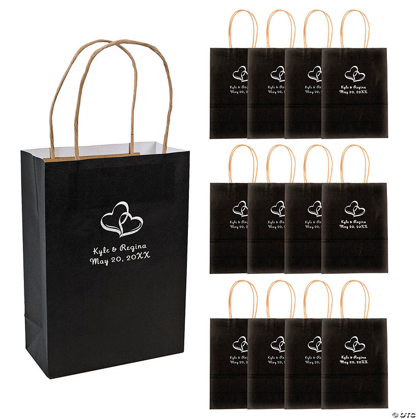 6 1/2" x 9" Medium Personalized Two Hearts Black Kraft Paper Gift Bags with Silver Foil - 12 Pc. Image Thumbnail