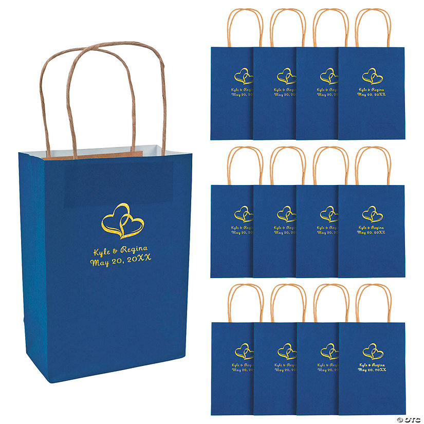 6 1/2" x 9" Medium Personalized Two Hearts Blue Kraft Paper Gift Bags with Gold Foil - 12 Pc. Image Thumbnail