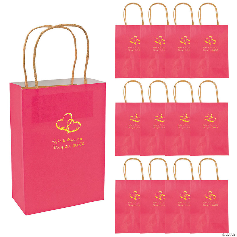 6 1/2" x 9" Medium Personalized Two Hearts Hot Pink Kraft Paper Gift Bags with Gold Foil - 12 Pc. Image Thumbnail