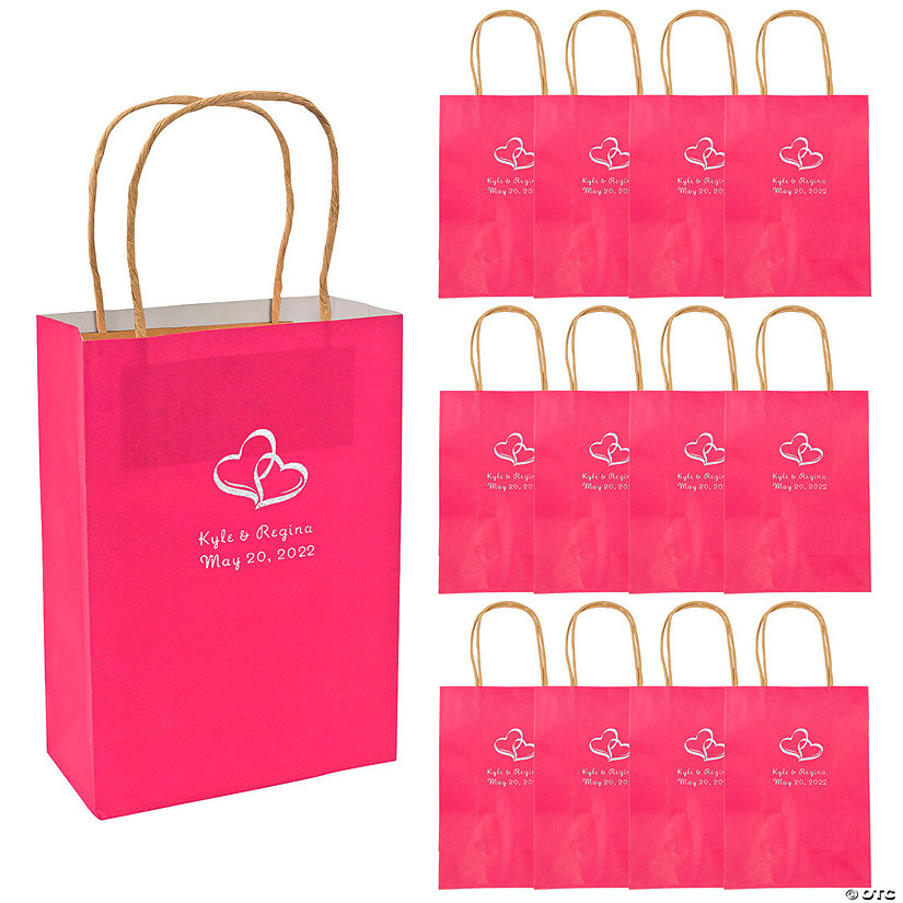 6 1/2" x 9" Medium Personalized Two Hearts Hot Pink Kraft Paper Gift Bags with Silver Foil - 12 Pc. Image Thumbnail