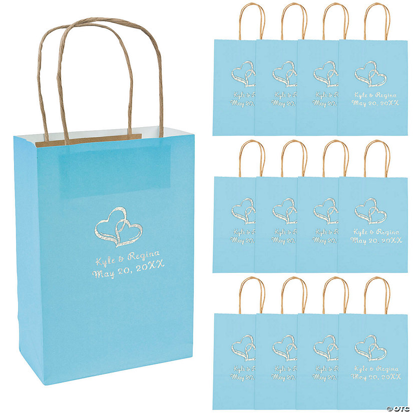 6 1/2" x 9" Medium Personalized Two Hearts Light Blue Kraft Paper Gift Bags with Silver Foil - 12 Pc. Image Thumbnail