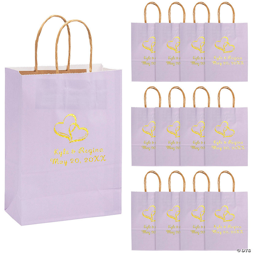 6 1/2" x 9" Medium Personalized Two Hearts Lilac Kraft Paper Gift Bags with Gold Foil - 12 Pc. Image Thumbnail